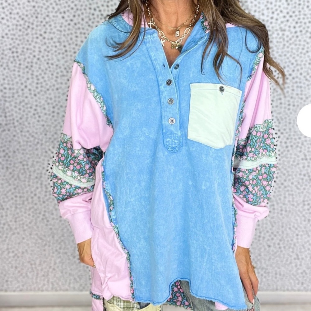Blue Velvet Pink Boho Patchwork Hoodie Sweatshirt Womens Size S Oversized Shabby